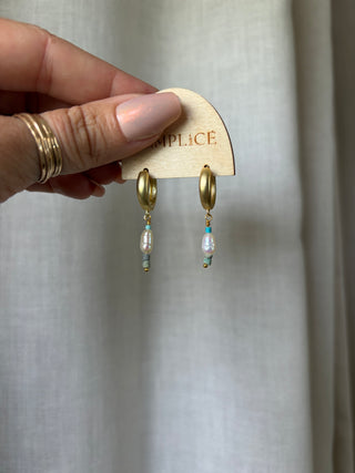 Turquoise and Pearl Huggie Hoops
