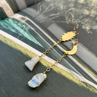 Bronze textured Grateful Dead bolt and moon earrings with moonstone