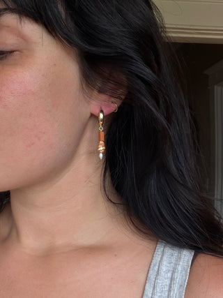 Terracotta, pearl, and orange shell Huggie Hoops