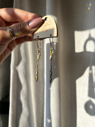 Tan pearls and green matte glass earrings