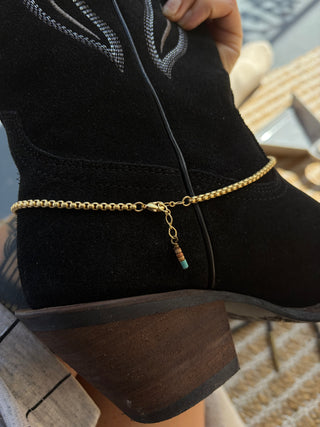 Cowrie, turquoise, + pearl 14k gold boot jewelry