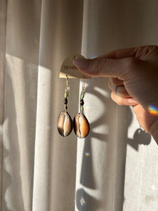 Brown pearl, turquoise and Cowrie earrings