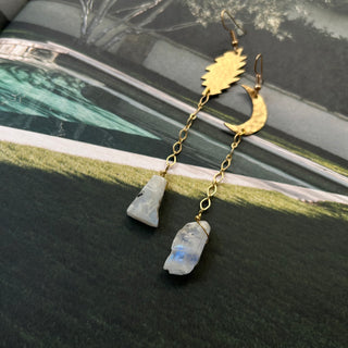 Bronze textured Grateful Dead bolt and moon earrings with moonstone