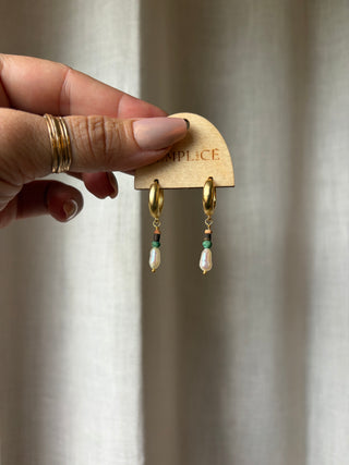 Turquoise, terracotta and pearl Huggie Hoops